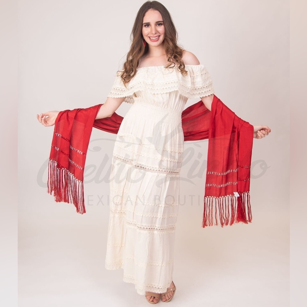 Adalia Mexican Maxi Solid Lace Cream Dress